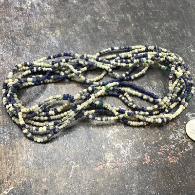 Very Long Strand of Mainly Blue and Off-White Ancient Glass Nila Beads from Mali - Rita Okrent Collection (AT1850w)