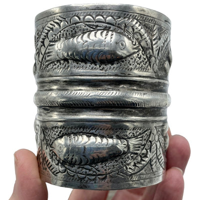 Siwa Oasis Silver Cuff Bracelet with Fish and Flowers, Egypt - Rita Okrent Collection (BR167)