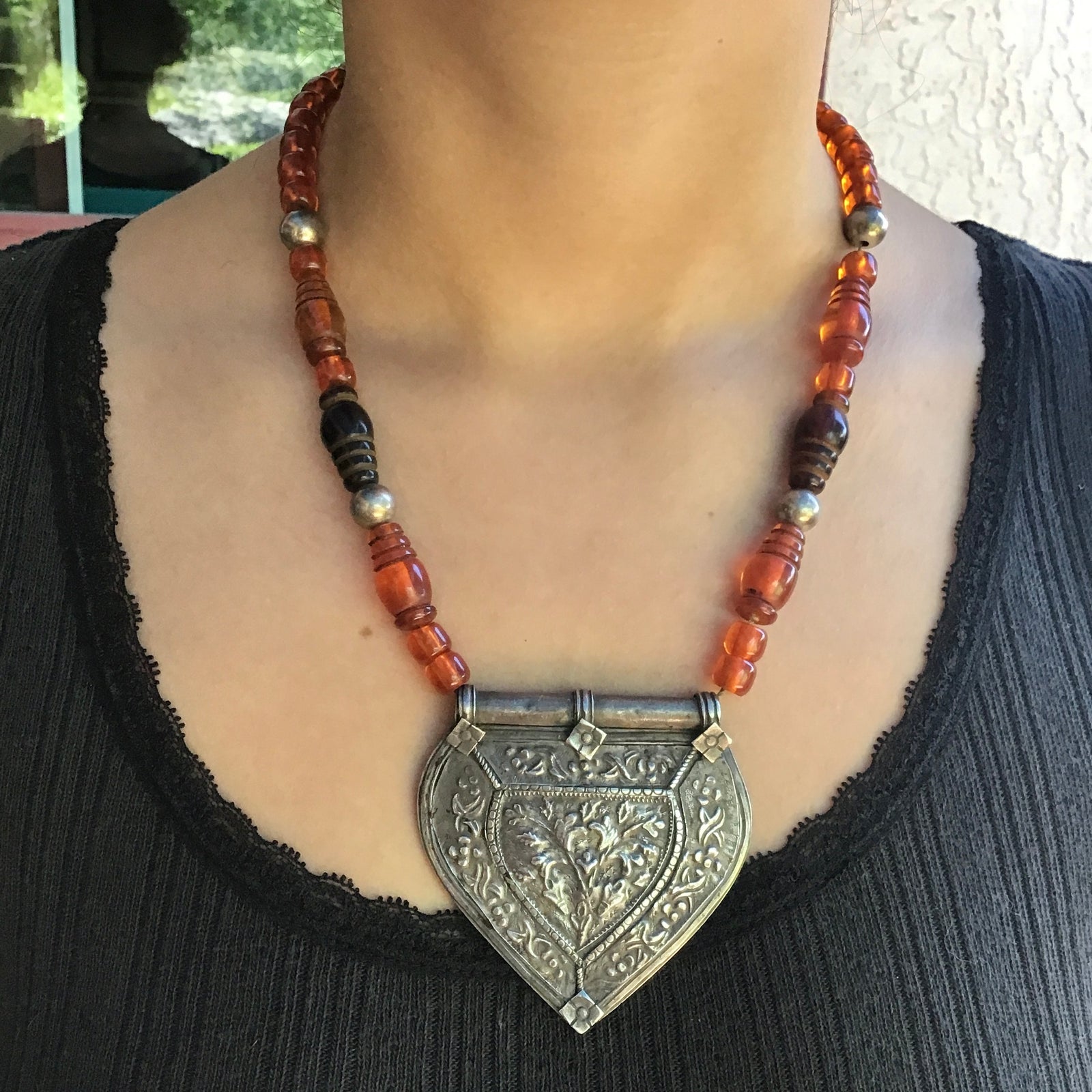 Caramel and Silver Beaded Necklace, Rita's Original Design - Rita Okrent Collection (NE139)