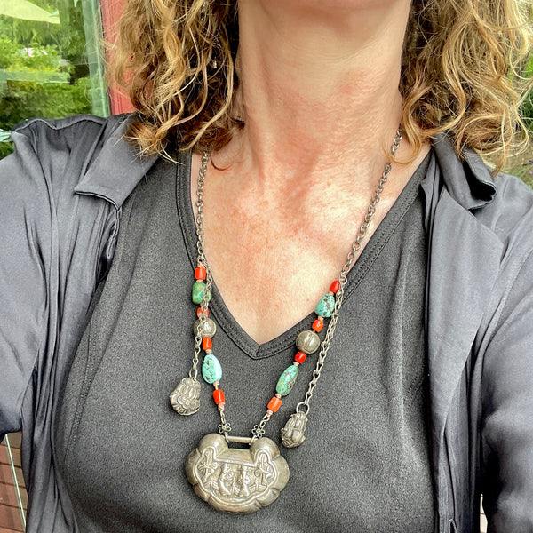 Chinese Silver Chain Necklace with Padlock, Coral and Turquoise