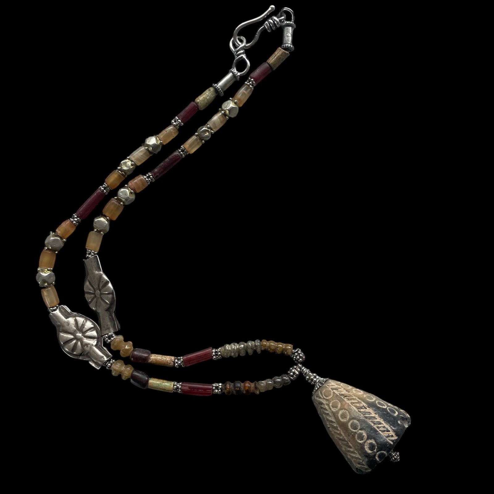 A Necklace of Rare Ancient Glass and Stone Beads with a Pre-Columbian Spindle Whorl - Rita Okrent Collection (NE580)