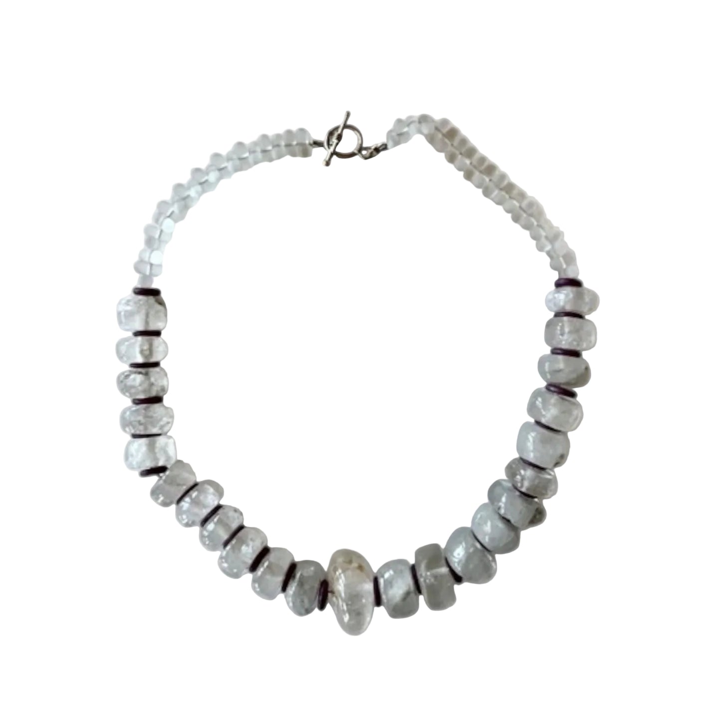 Beaded necklace with a silver clasp on a white background