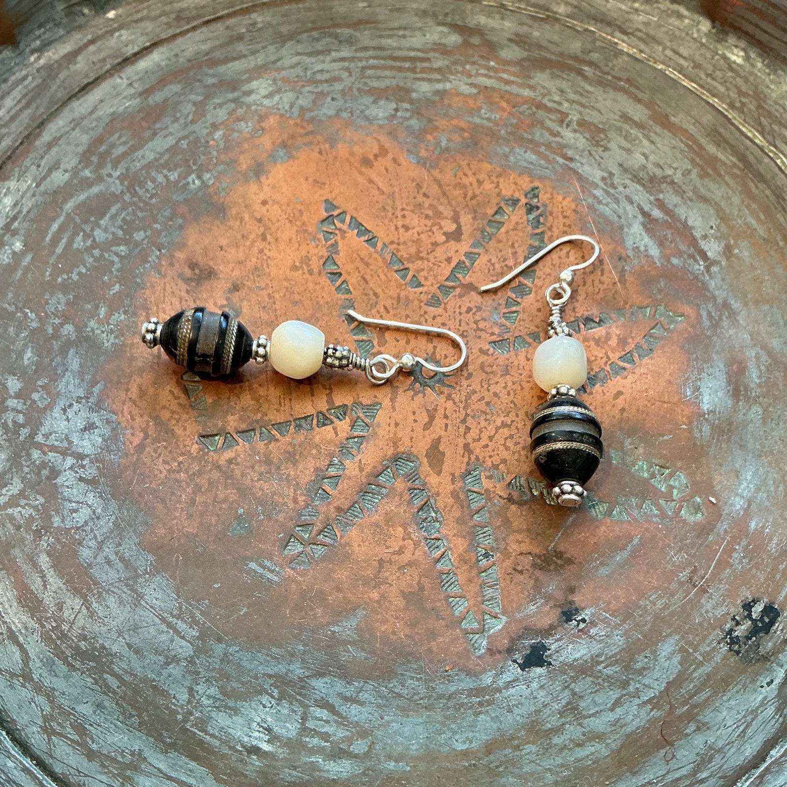 Antique Mother of Pearl and Prayer Bead Earrings - Rita Okrent Collection (E572)