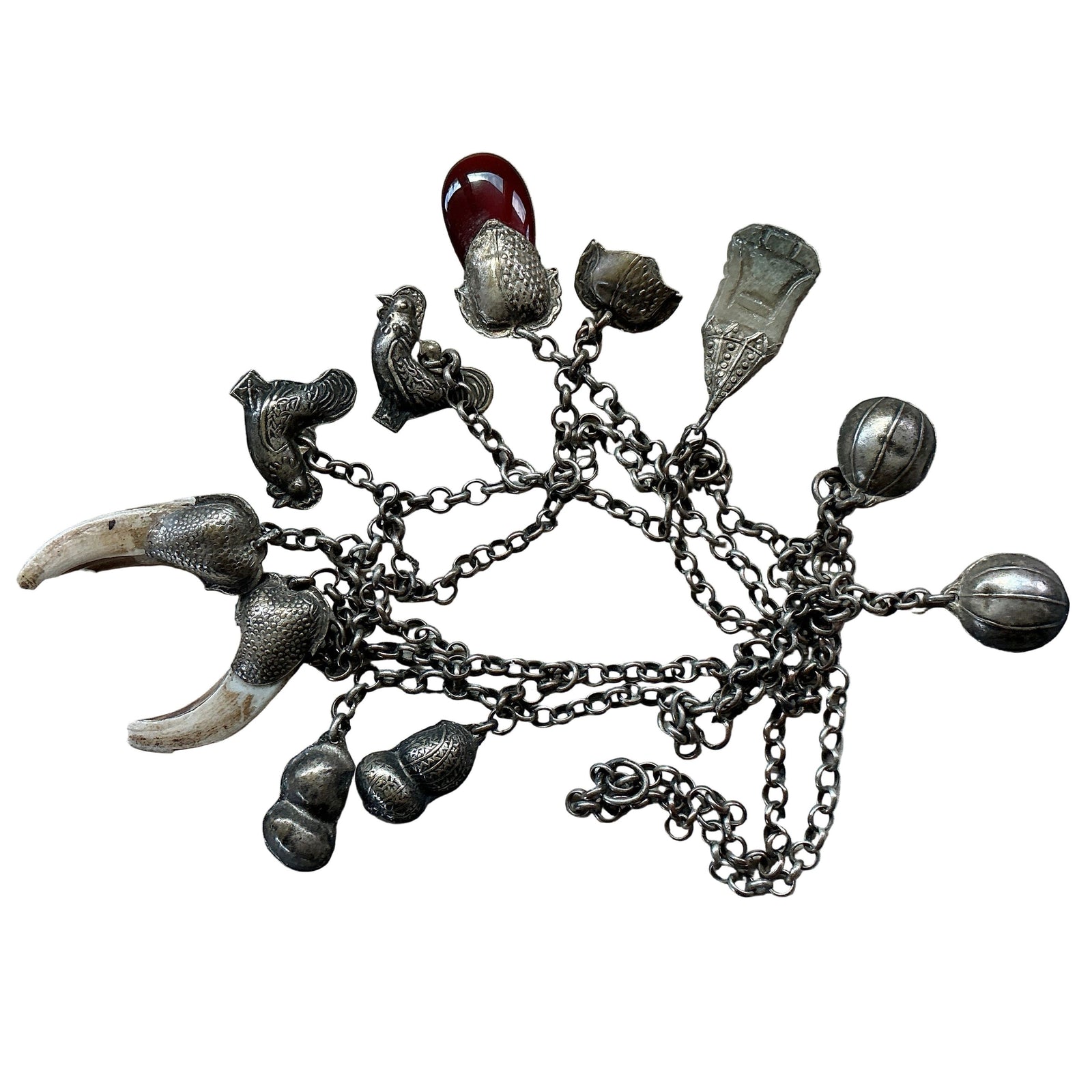 Antique Silver Chinese Chain with 11 Hanging Pendants - Rita Okrent Collection (C019b)