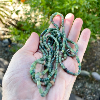 50 Inch Long Strand of Mainly Green Mixed Shape Ancient Glass Nila Beads - Rita Okrent Collection (AT1850b)