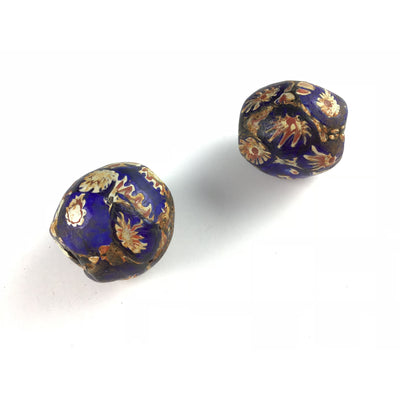 Deep Blue Large Java Glass Beads Hand Decorated with Venetian Chevron Bead Fragments - Rita Okrent Collection (C458)