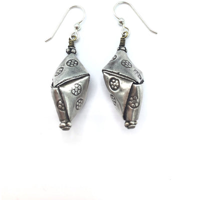 Thai Keren Hill Tribe Stamped Silver Kite-Shaped Beaded Hanging Earrings - Rita Okrent Collection (E357)