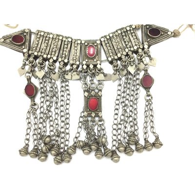 Traditional Yemeni Silver Bridal Wedding Necklace or Headdress with Red Glass Settings and Dangles - Rita Okrent Collection (C689)