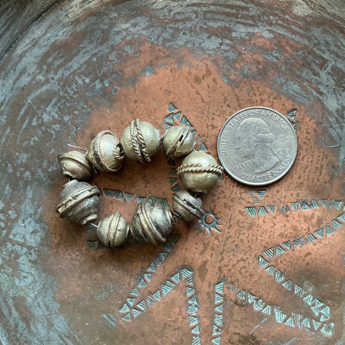 Short Strand of 9 Handmade Vintage Metal Beads - Rita Okrent Collection (ANT609)