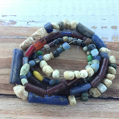 Ancient Glass Small Nila Beads from Mali, with Rare Red Tubes - Strand D - Rita Okrent Collection (AT0649d)