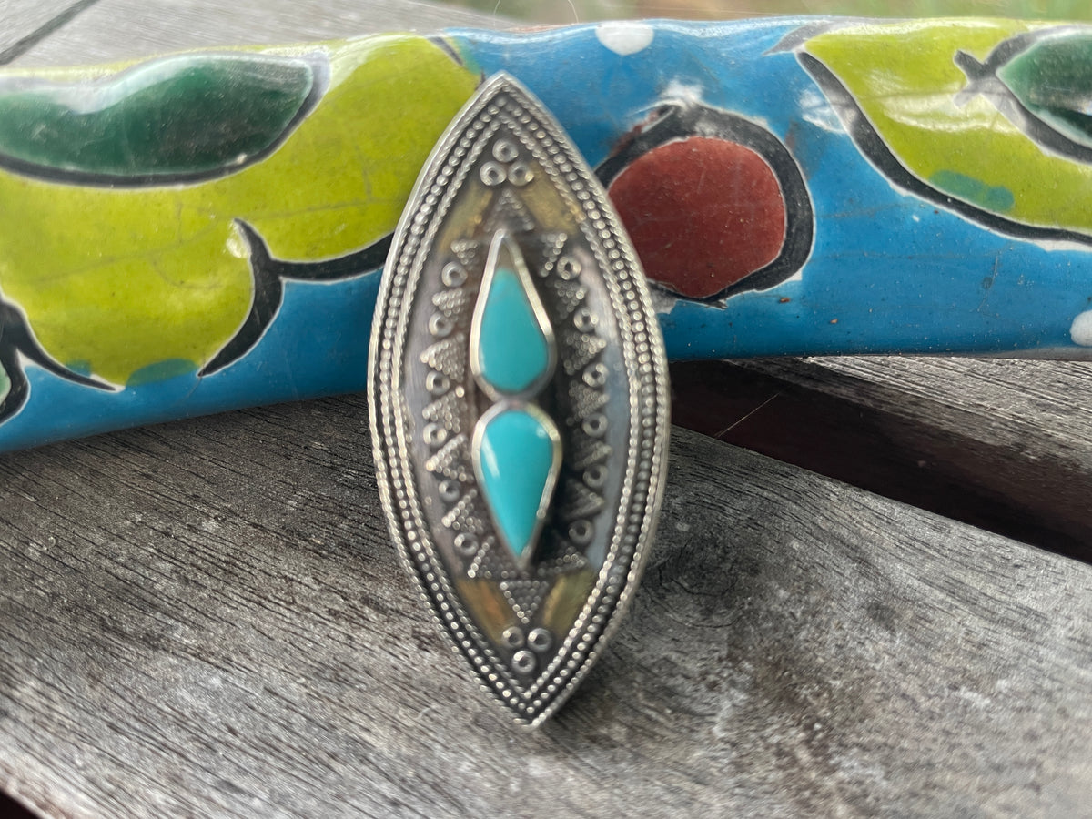 Central Asian Silver Ring with Gold Wash and Turquoise Glass Setting - Rita Okrent Collection (BR004)