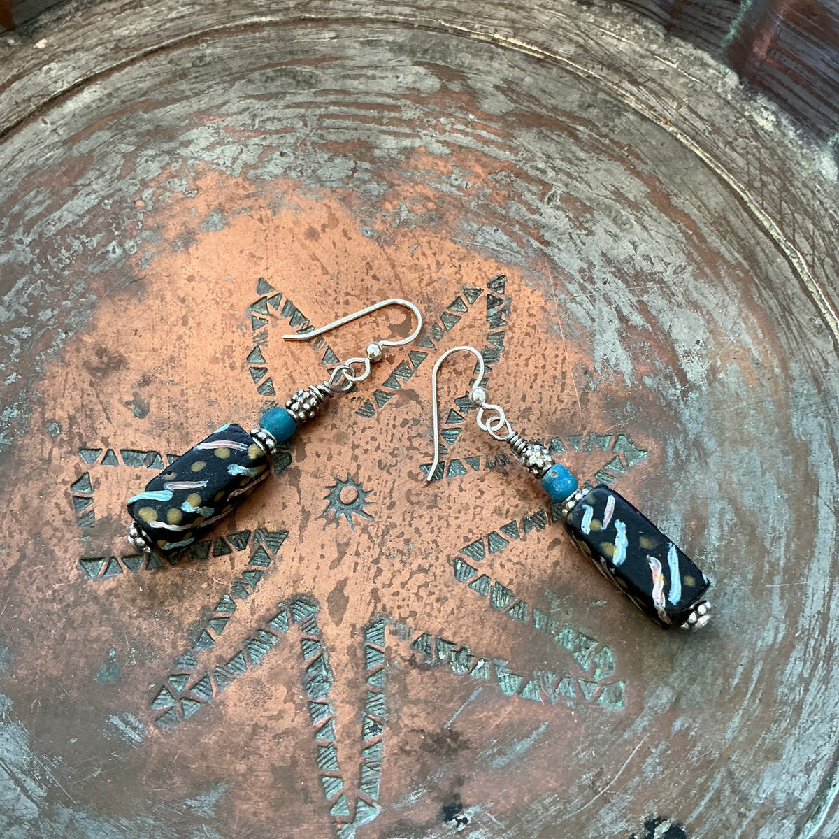 Antique African Trade Bead Earrings with Ancient Glass and Sterling Silver- Rita Okrent Collection (E549)