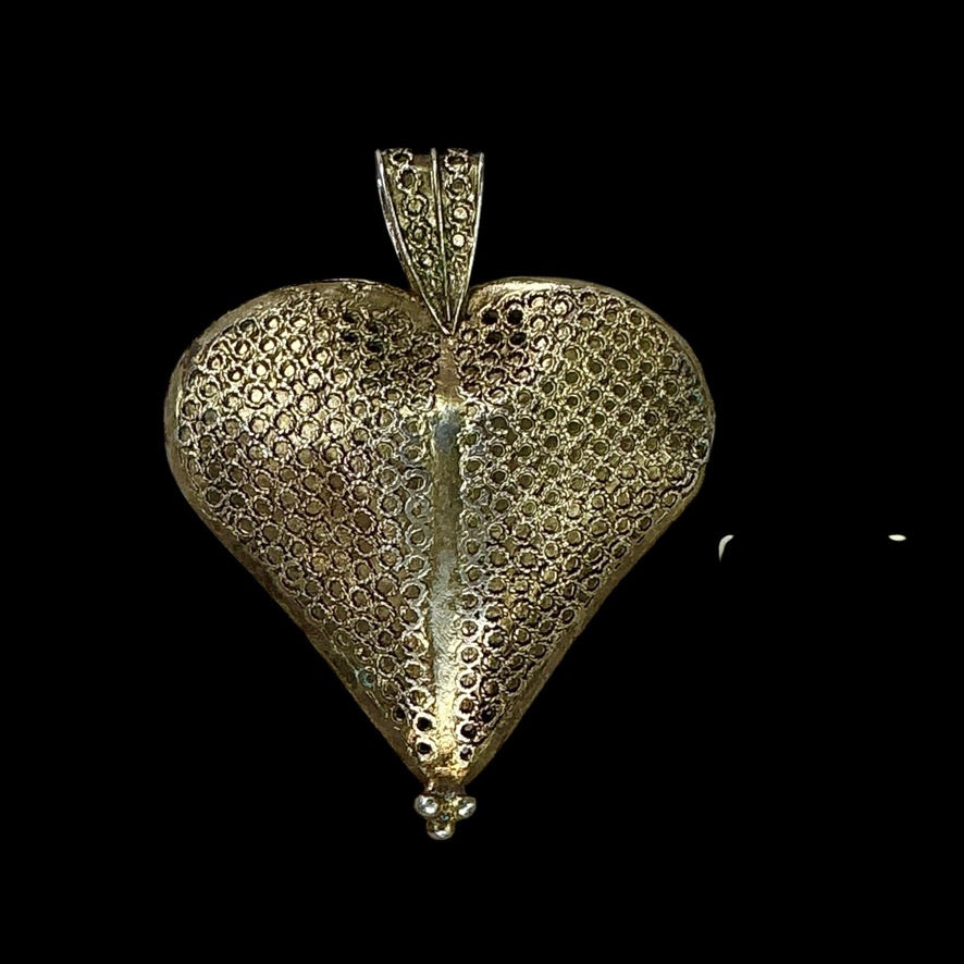 Vintage Mauritanian Heart Pendant with Crescent and Star, Filigree - Rita Okrent Collection (P934)