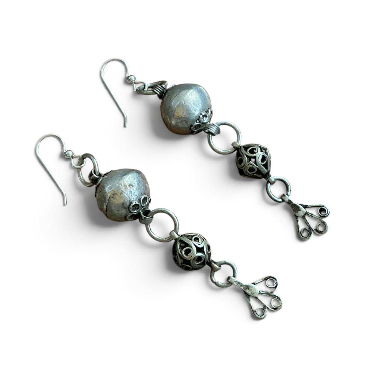 Moroccan Silver Filigree Bead and Pendant Drop Earrings - Rita Okrent Collection (E559)