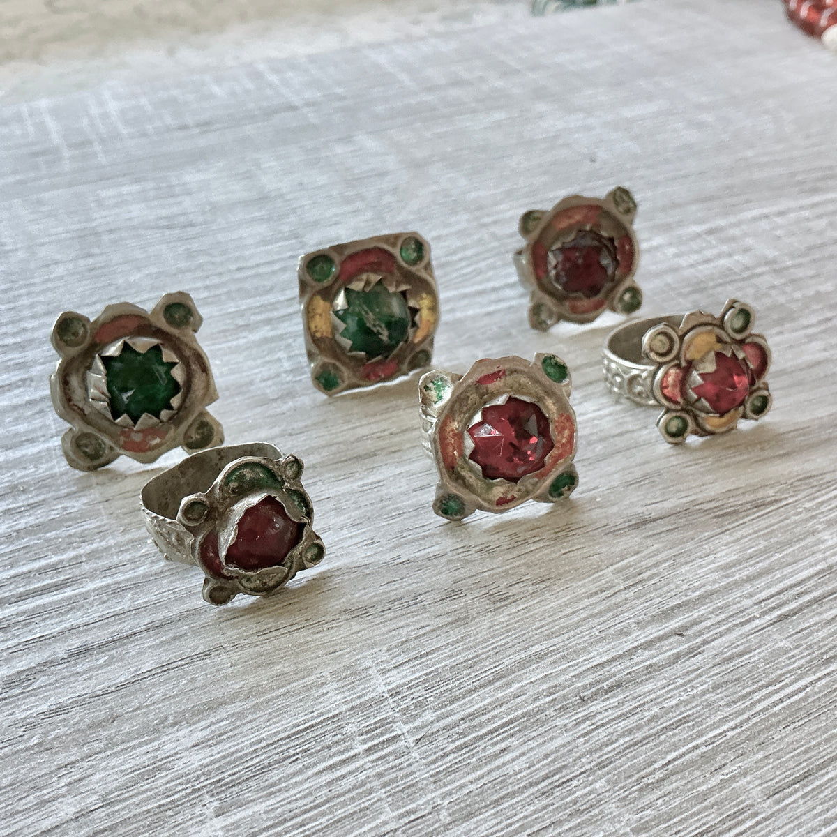 Colorful Traditional Moroccan Berber Glass and Metal Rings, Sold as a Group - Rita Okrent Collection (BR110)