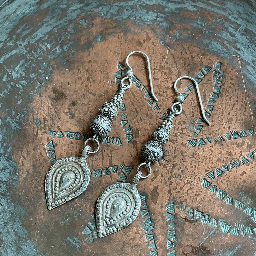 Favorite Granulated Silver Mauritanian Bead Earrings with Teardrop Dangles - Rita Okrent Collection (E149)