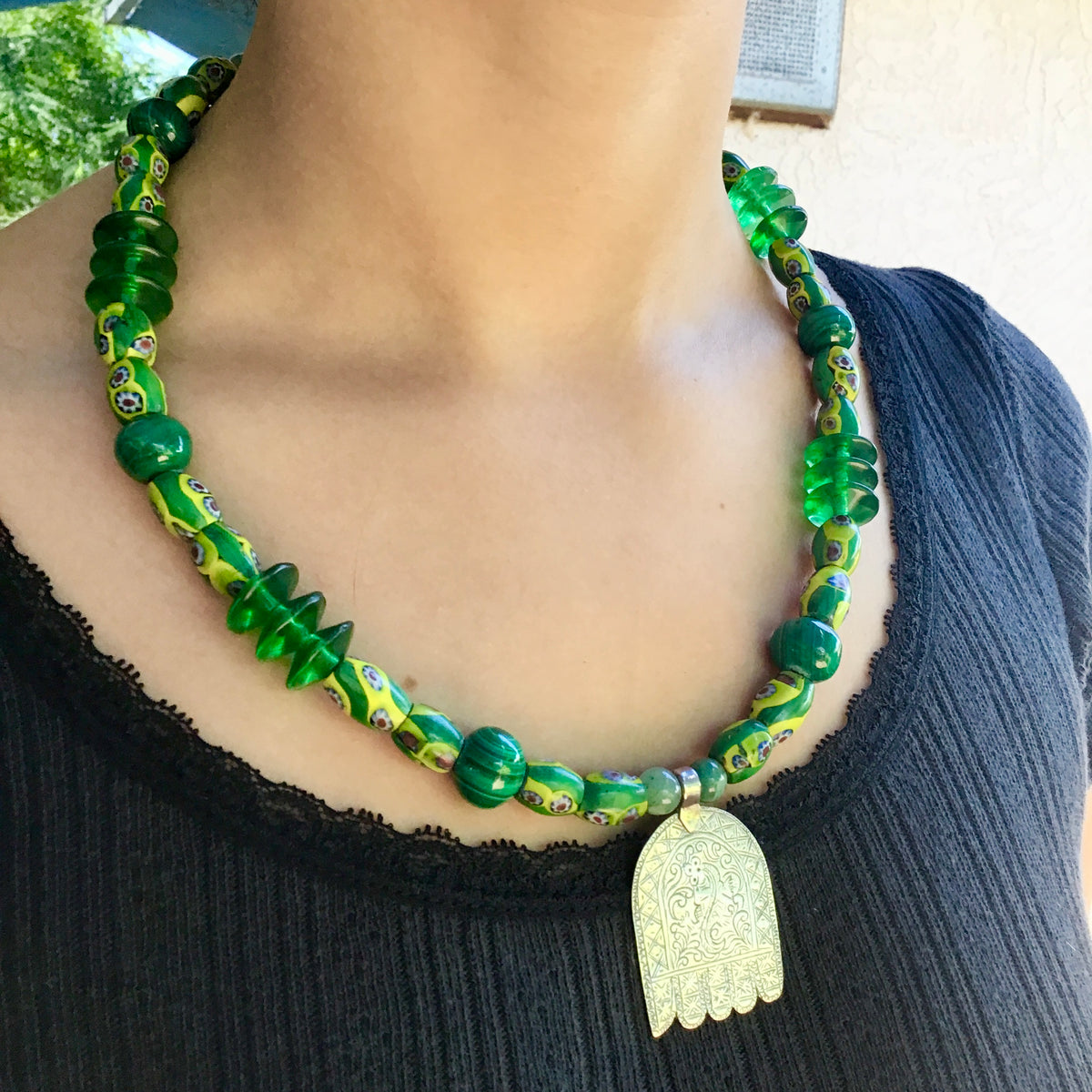 Green African Trade Bead Necklace with Silver Hamsa - Rita Okrent Collection (NE409)