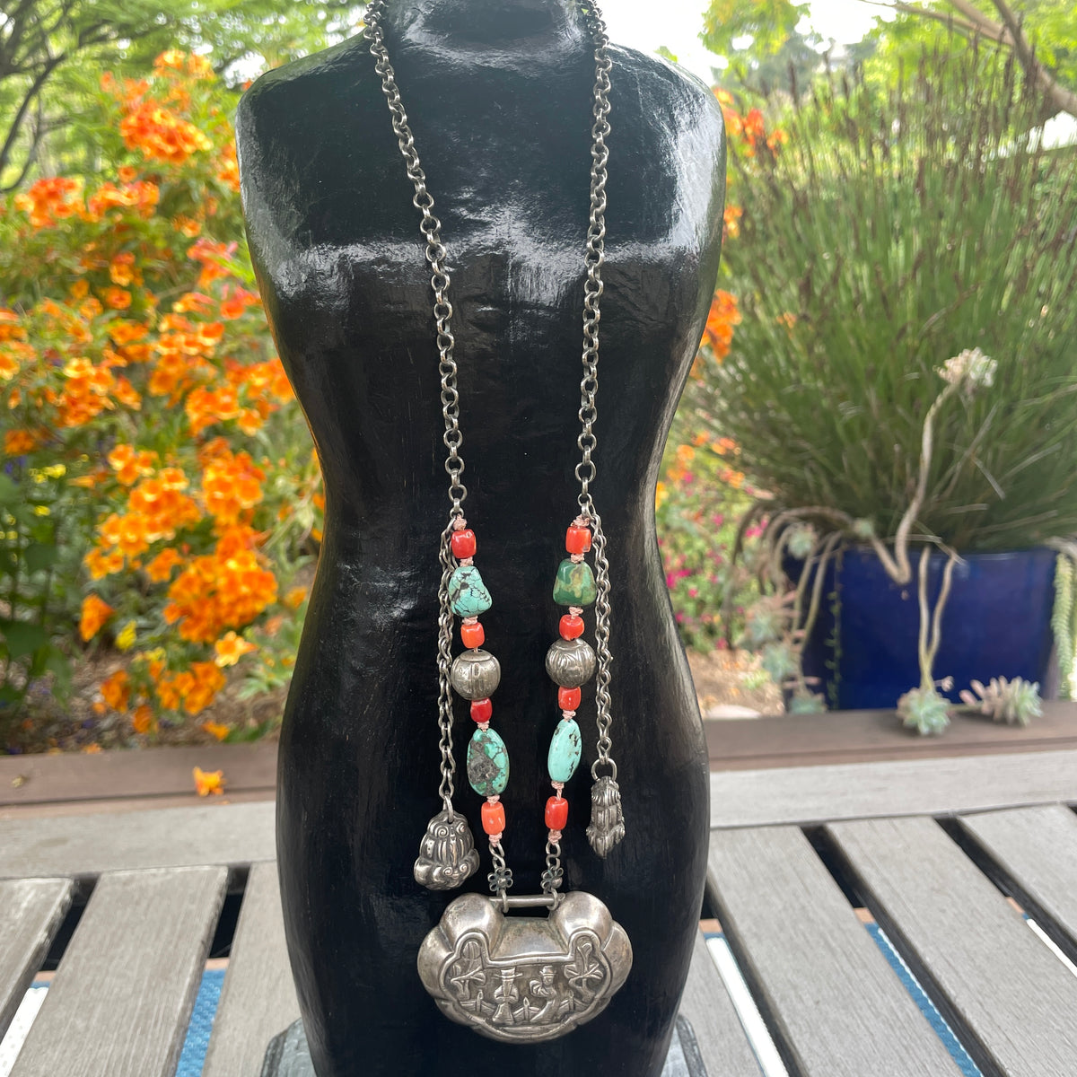 Chinese Silver Chain Necklace with Padlock, Coral and Turquoise - Rita Okrent Collection (NE633)