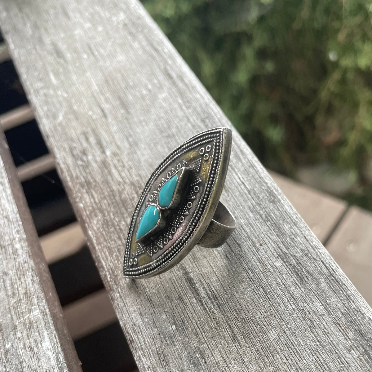 Central Asian Silver Ring with Gold Wash and Turquoise Glass Setting - Rita Okrent Collection (BR004)