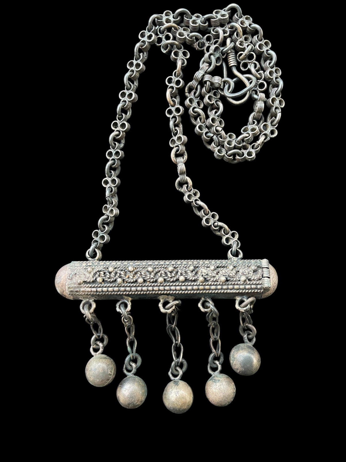 Vintage Ethnic Silver Chain Necklace with Prayer Tube Amulet, Hallmarked - Rita Okrent Collection (NE443)