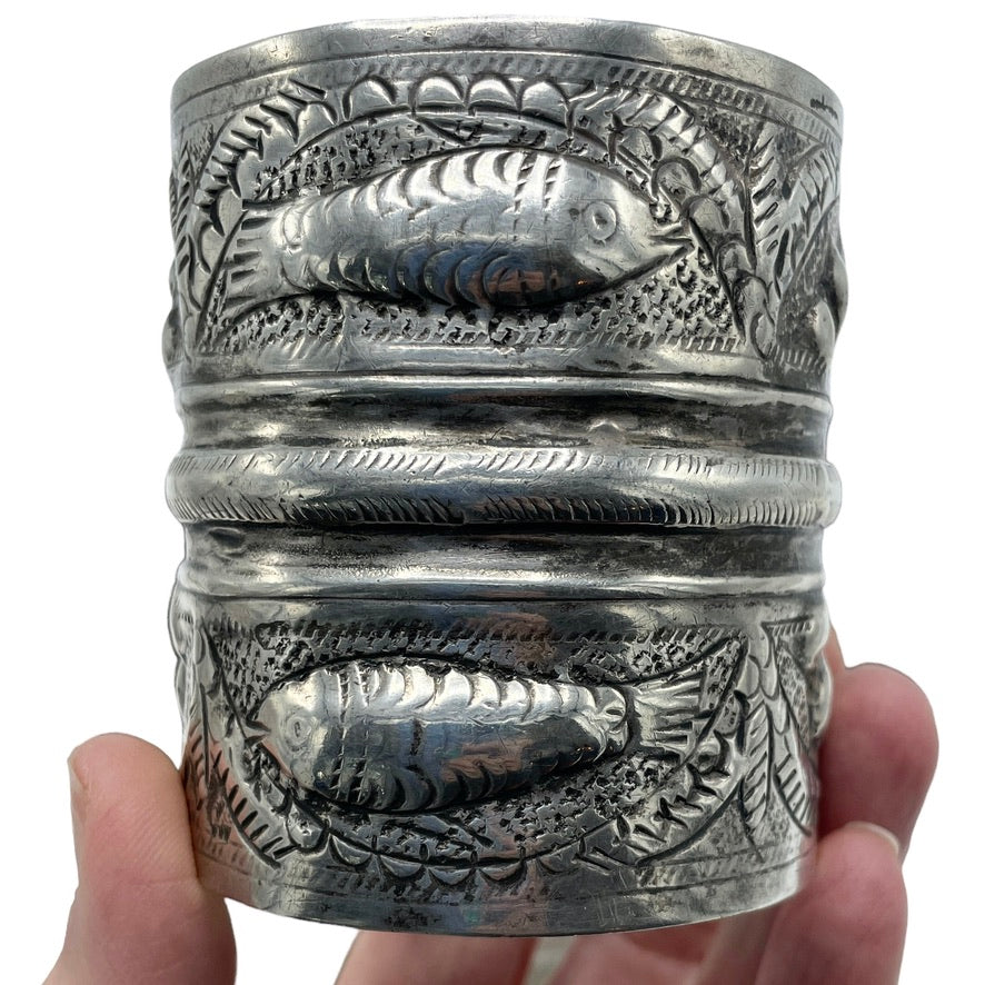 Siwa Oasis Silver Cuff Bracelet with Fish and Flowers, Egypt