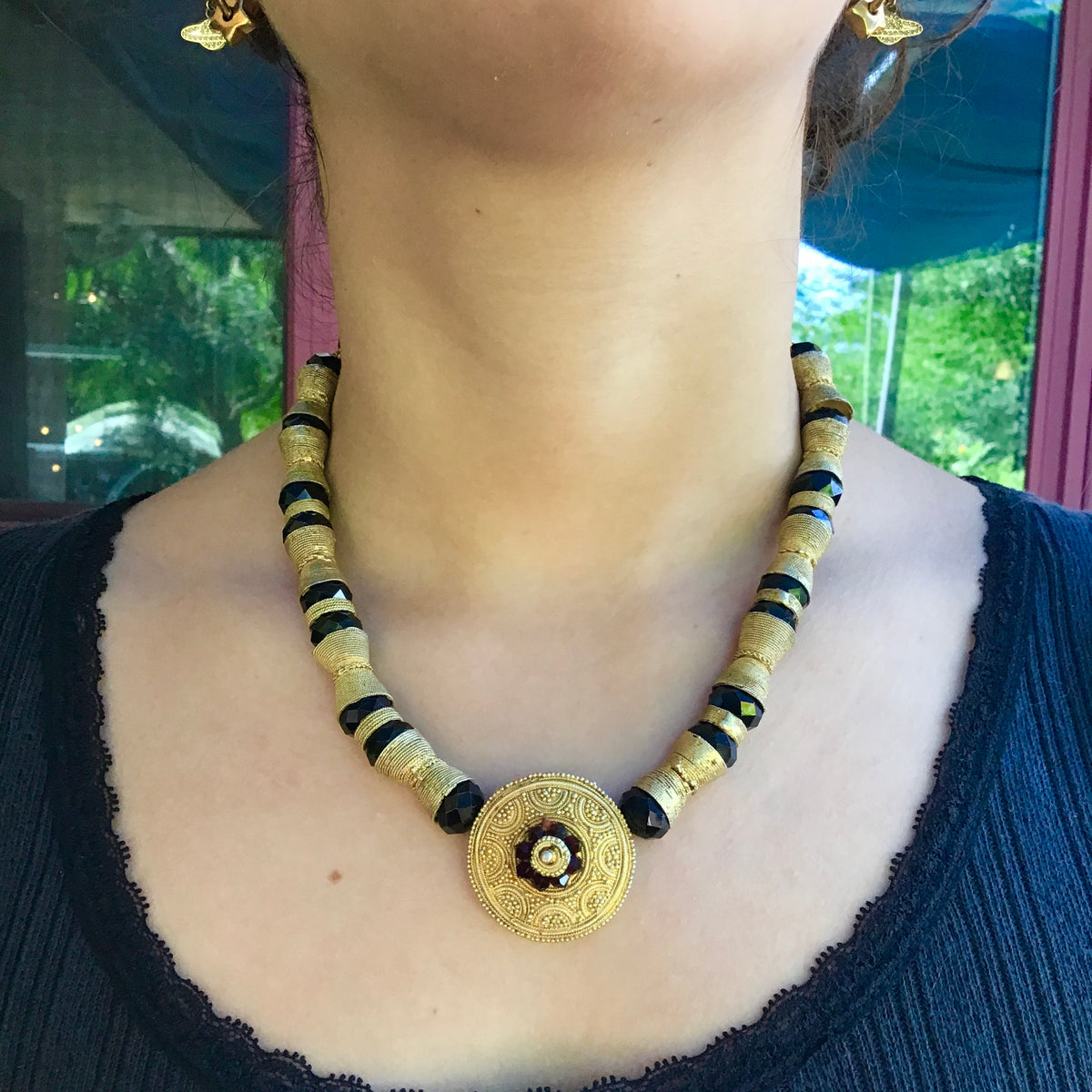 Gilded Gold-Plated Gold with Black Glass Necklace from Senegal - Rita Okrent Collection (NE480)