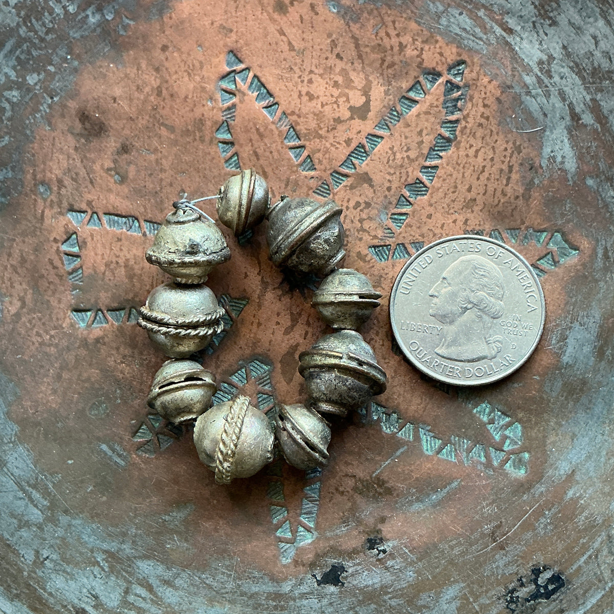 Short Strand of 9 Handmade Vintage Metal Beads - Rita Okrent Collection (ANT609)