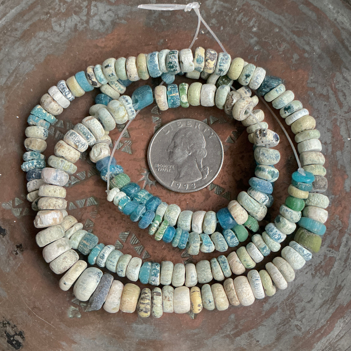 Well Worn Medium Sized Djenne Nila Beads with Teal - Rita Okrent Collection (AT0945b)