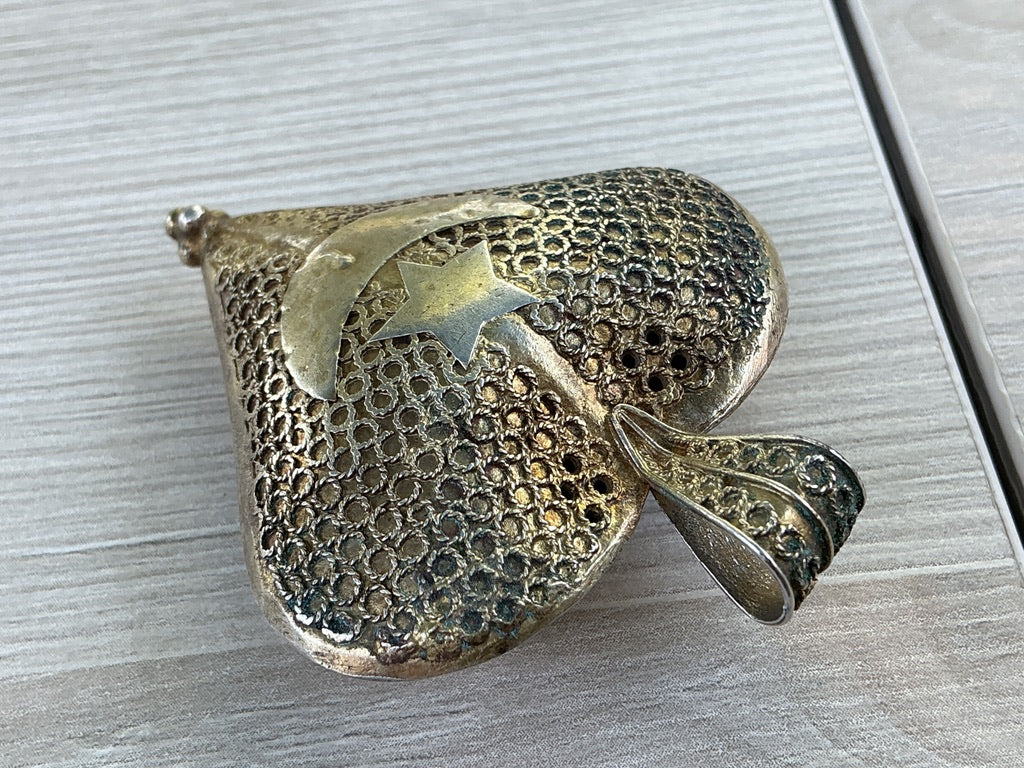 Vintage Mauritanian Heart Pendant with Crescent and Star, Filigree - Rita Okrent Collection (P934)