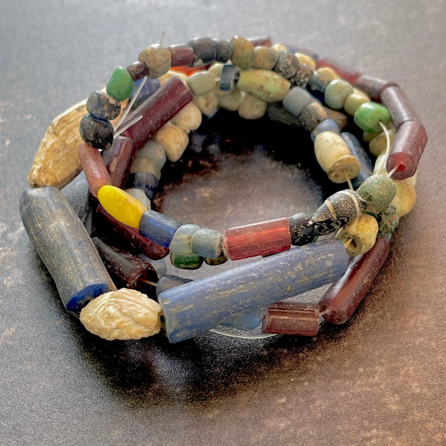 Ancient Glass Small Nila Beads from Mali, with Rare Red Tubes - Strand D - Rita Okrent Collection (AT0649d)