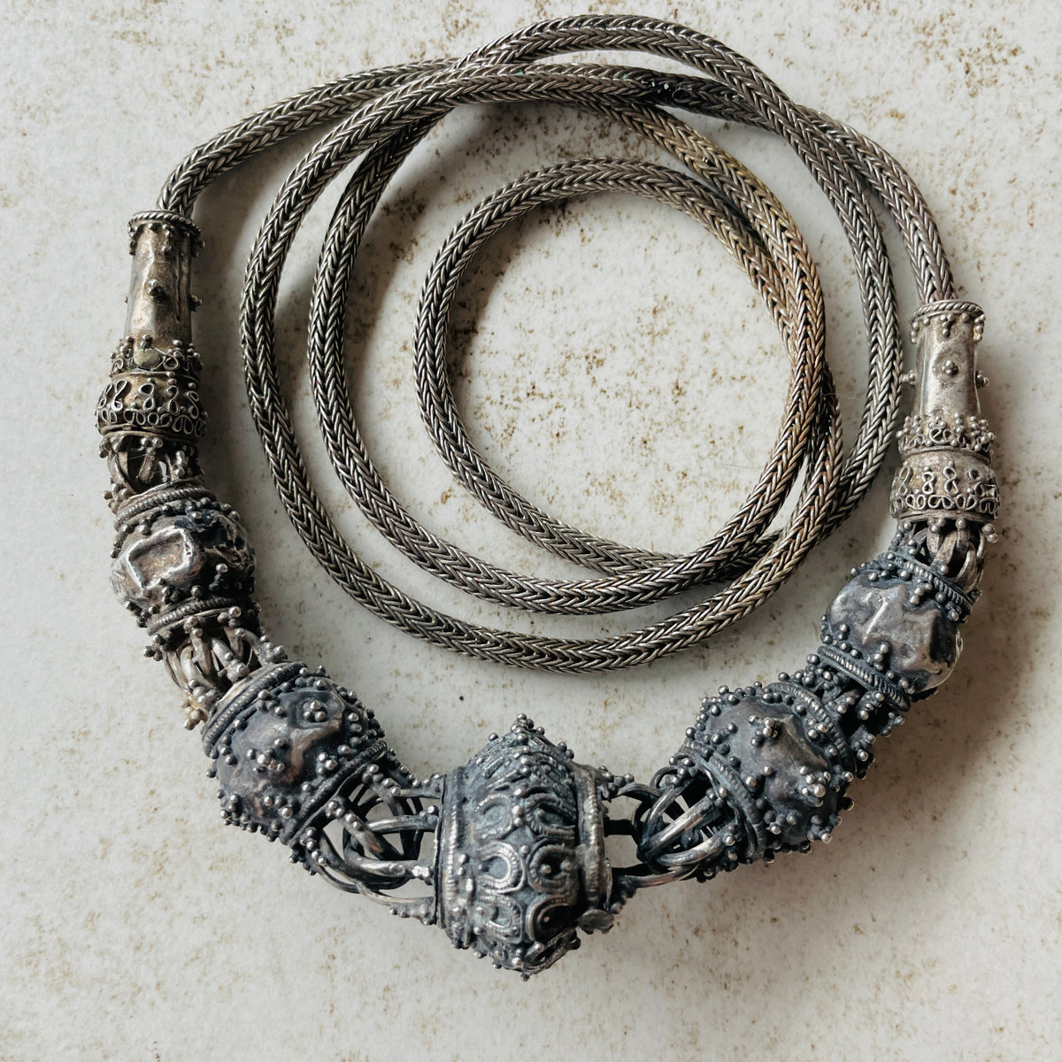 Antique Handmade Interlocking Silver Beaded Necklace from Ceylon - Sri Lanka - Rita Okrent Collection (C973)