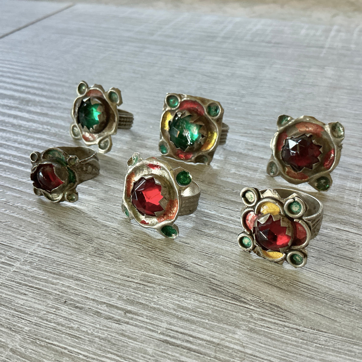 Colorful Traditional Moroccan Berber Glass and Metal Rings, Sold as a Group - Rita Okrent Collection (BR110)