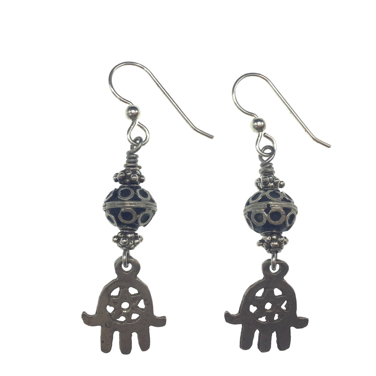 Berber Eye Beads with Tunisian Style Silver Hamsa Earrings - Rita Okrent Collection (E652)