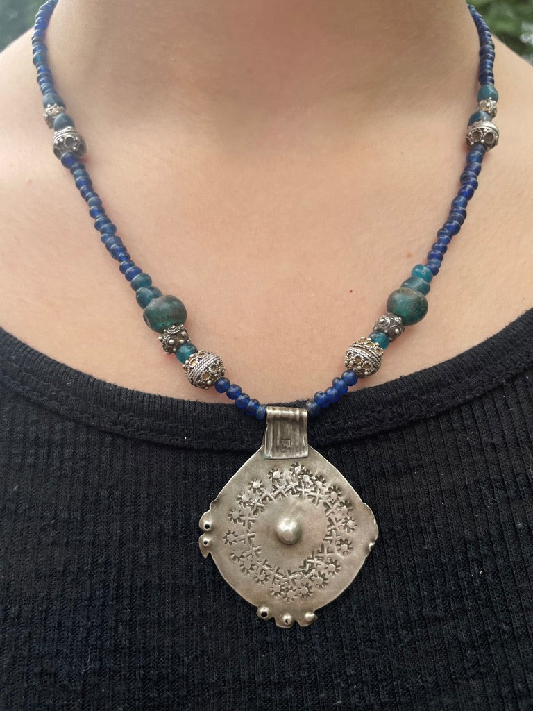 Antique Saharan Silver with Ancient Teal and Deep Blue Glass - Rita Okrent Collection (NE421)