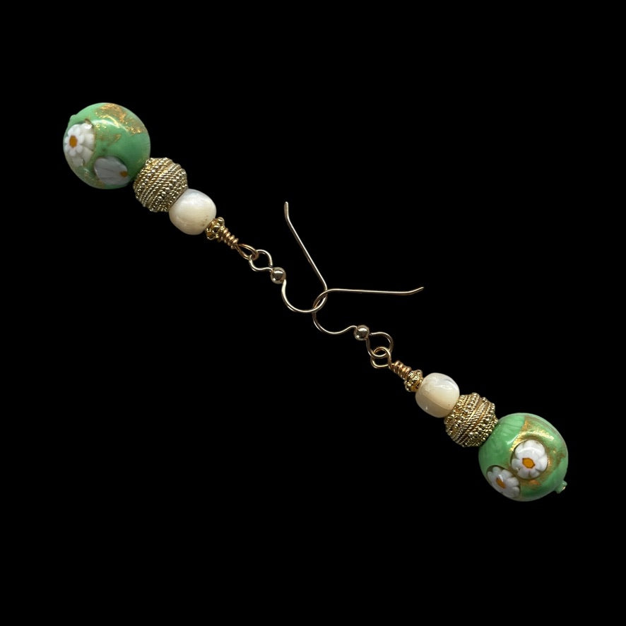 Venetian Glass, Mother of Pearl and Granulated Gold Washed Bead Earrings - Rita Okrent Collection (E537)