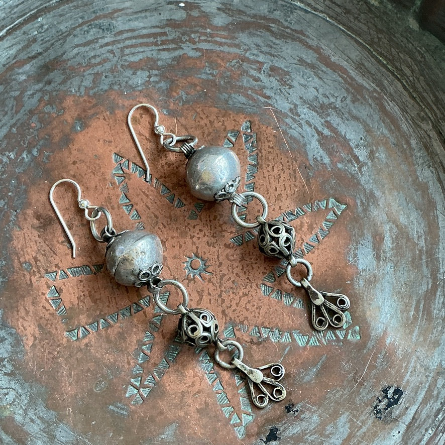 Moroccan Silver Filigree Bead and Pendant Drop Earrings - Rita Okrent Collection (E559)