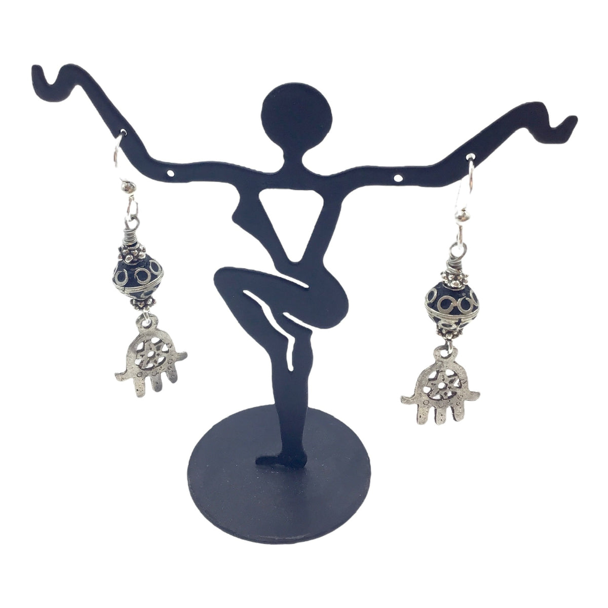 Berber Eye Beads with Tunisian Style Silver Hamsa Earrings - Rita Okrent Collection (E652)