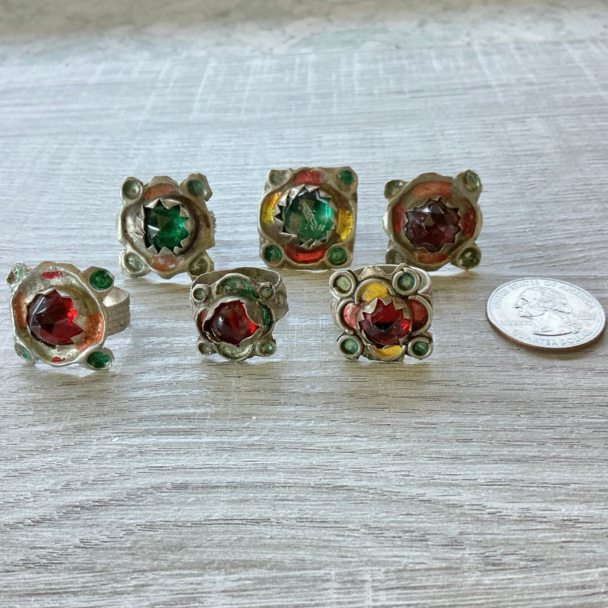 Colorful Traditional Moroccan Berber Glass and Metal Rings, Sold as a Group - Rita Okrent Collection (BR110)