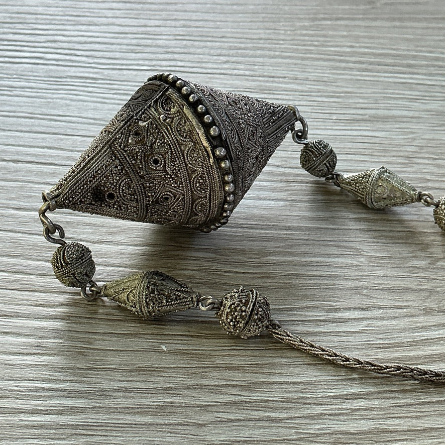 Traditional Silver Decorated Bicone Focal Bead, on a Silver Chain- Rita Okrent Collection (NE510)