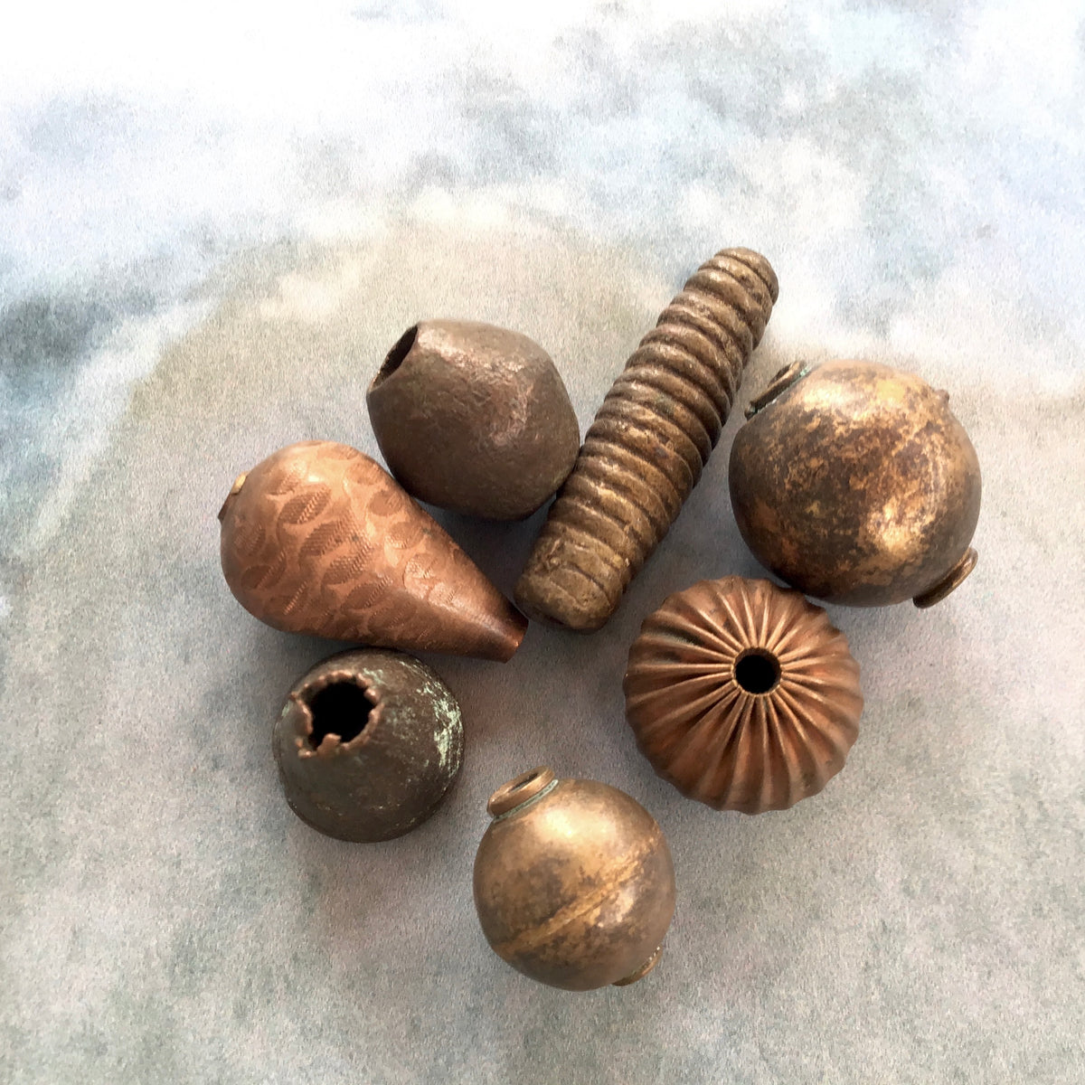 Group of 7 Vintage Brass and Copper Mixed Shape Beads, African Trade - Rita Okrent Collection (AT0673)