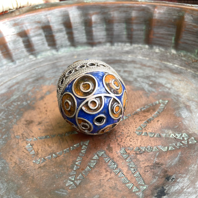Large Blue and Orange Enameled Berber Silver Egg Bead, Morocco - Rita Okrent Collection (NP055)