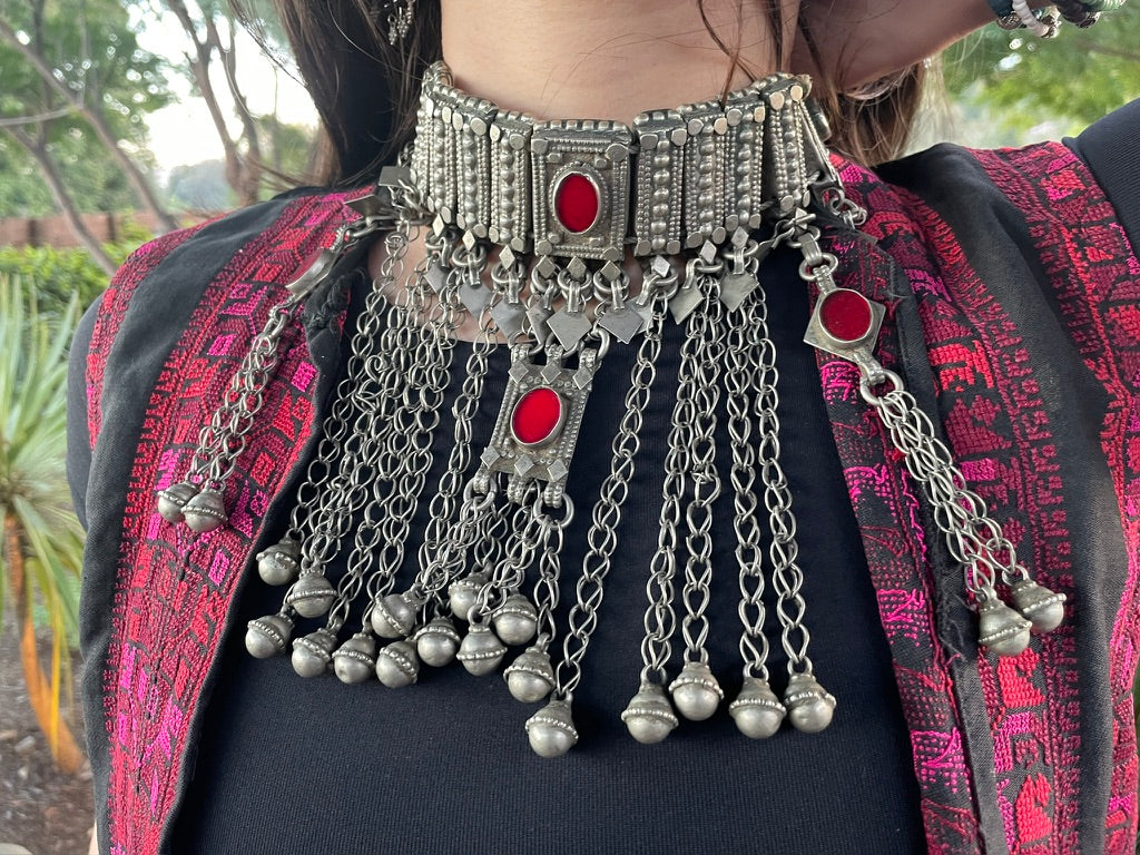 Traditional Yemeni Silver Bridal Wedding Necklace or Headdress with Red Glass Settings and Dangles - Rita Okrent Collection (C689)