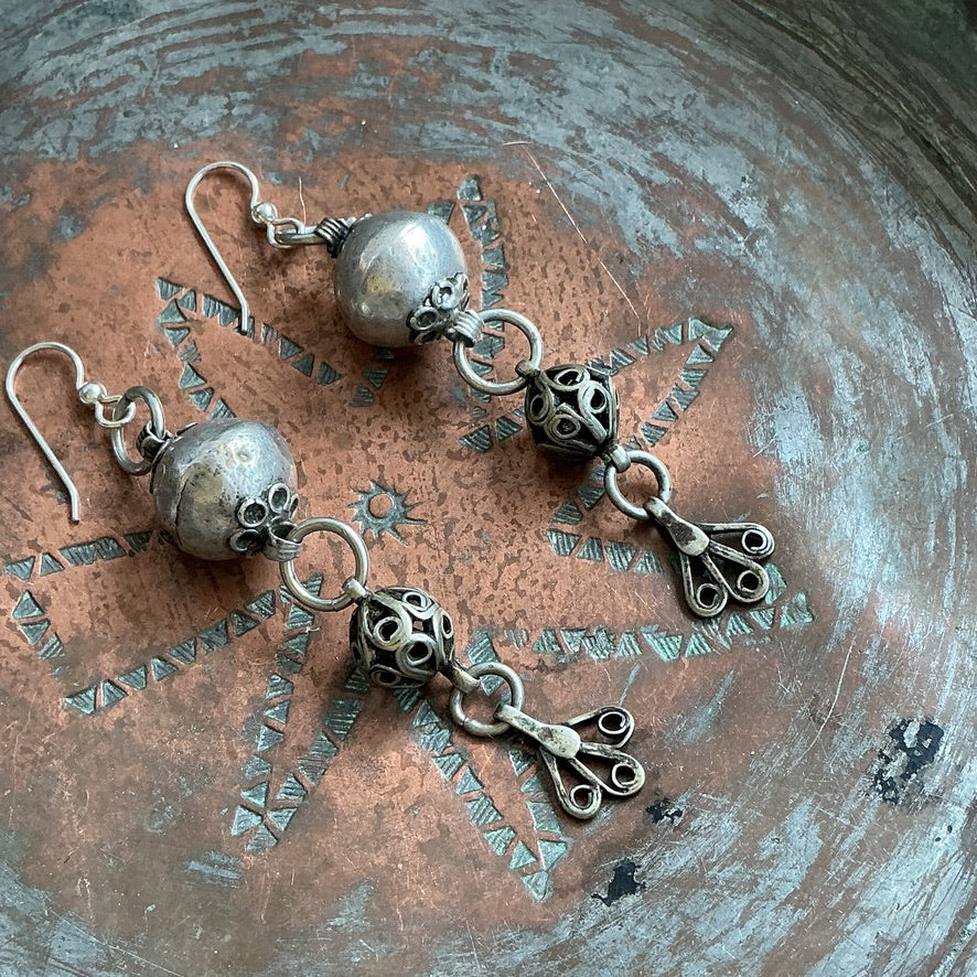 Moroccan Silver Filigree Bead and Pendant Drop Earrings - Rita Okrent Collection (E559)