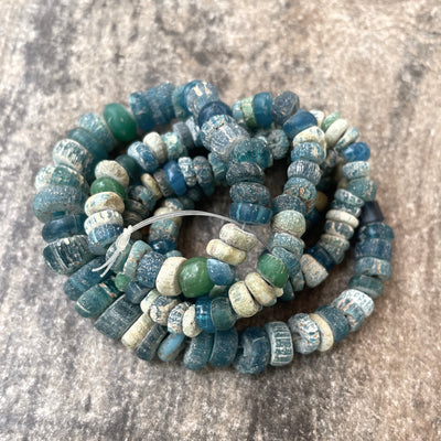 Ancient Glass Excavated Worn Blue Teal White Mixed Medium Sized Nila Beads, Strands  - Rita Okrent Collection (AT0645s)