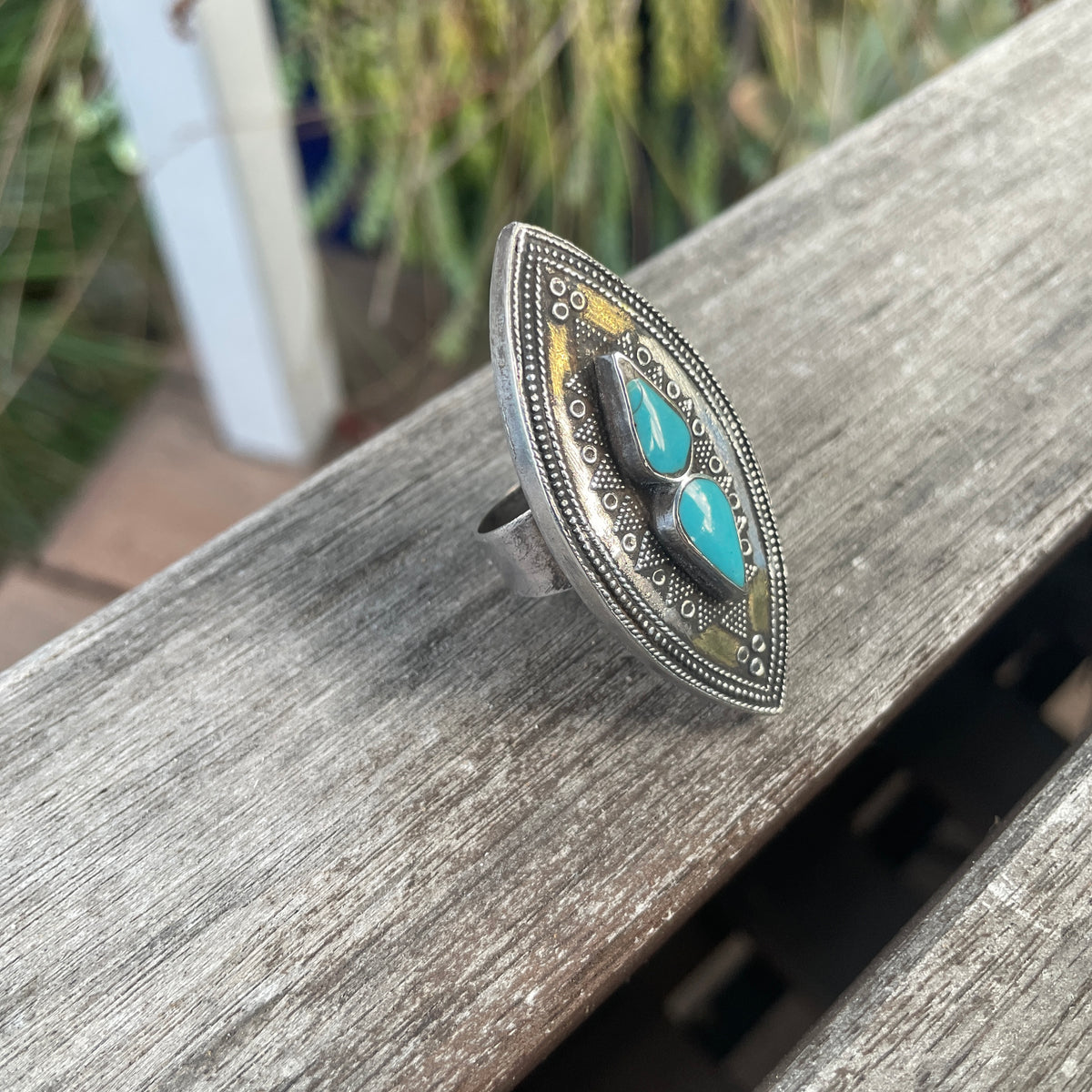 Central Asian Silver Ring with Gold Wash and Turquoise Glass Setting - Rita Okrent Collection (BR004)