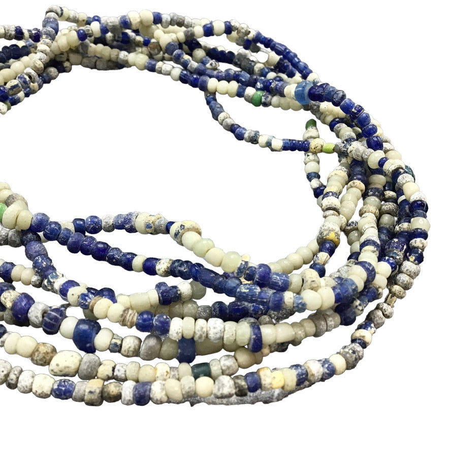 Very Long Strand of Mainly Blue and Off-White Ancient Glass Nila Beads from Mali - Rita Okrent Collection (AT1850w)