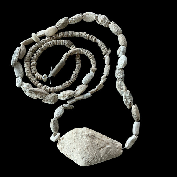 Strand of Mixed Worn White Calcified Shell Beads and Ostrich Shell Bea ...