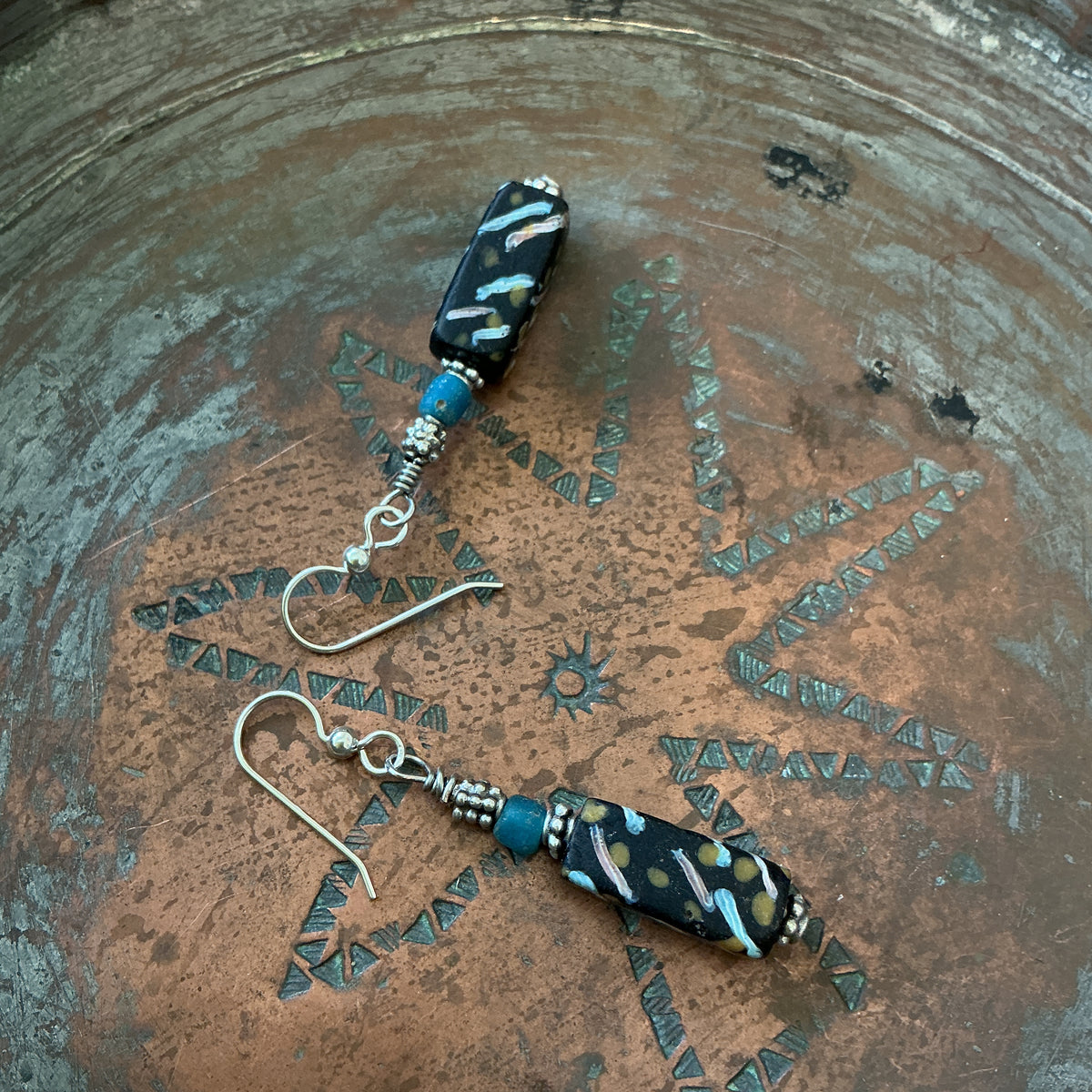 Antique African Trade Bead Earrings with Ancient Glass and Sterling Silver- Rita Okrent Collection (E549)