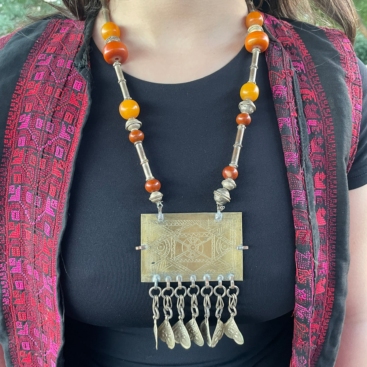 Old Bedouin Necklace with Metal Beads and Faux Amber - Rita Okrent Collection (NE 435)