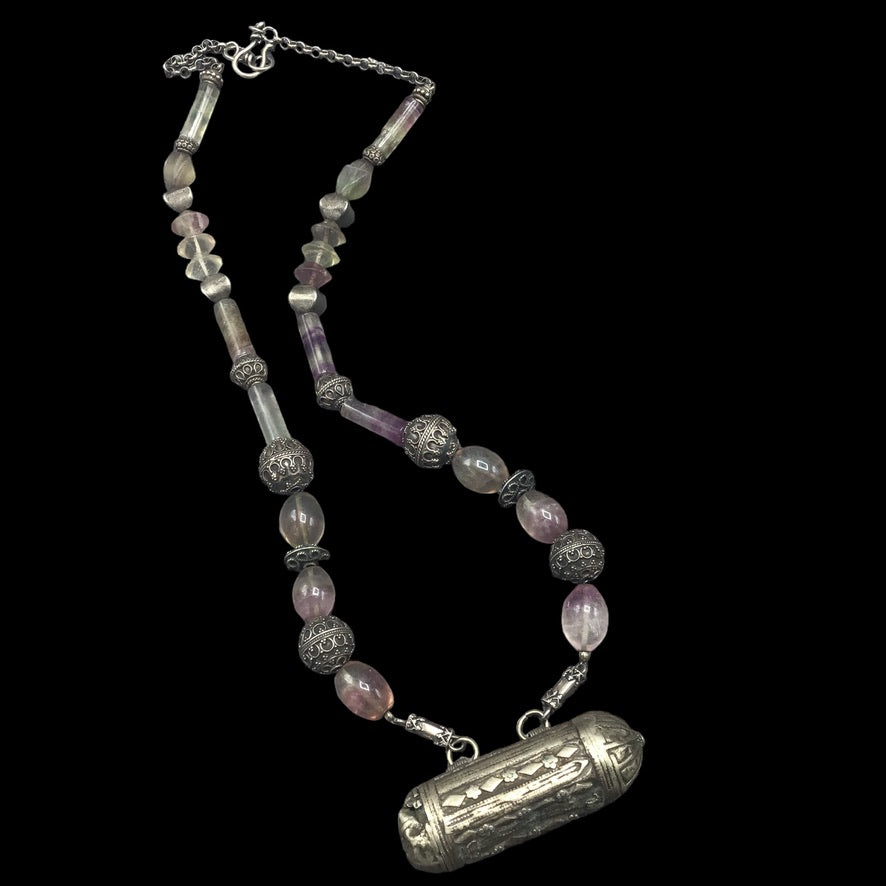 Antique Amethyst Bead Necklace with Antique Silver Pendant and Sri Lankan Silver Beads - NE051